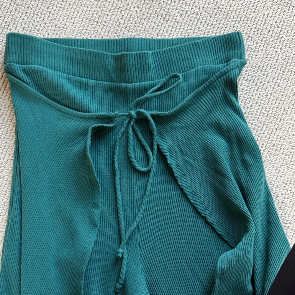 Free People Deep Teal Wide-Leg Knit Pants with Front Tie 🌿